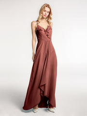 Chiffon Spaghetti Strap Ruffles High Low Dress Terracotta