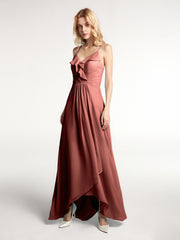 Chiffon Spaghetti Strap Ruffles High Low Dress Terracotta