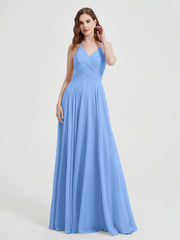 V-neck Bridesmaid Dress with Cross Back Blue