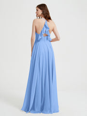 V-neck Bridesmaid Dress with Cross Back Blue