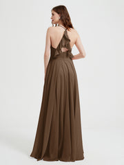 V-neck Bridesmaid Dress with Cross Back Brown