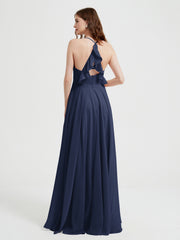 V-neck Bridesmaid Dress with Cross Back Dark Navy