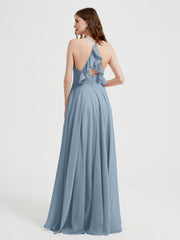 V-neck Bridesmaid Dress with Cross Back Dusty Blue Plus Size