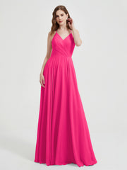 V-neck Bridesmaid Dress with Cross Back Fuchsia