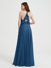 V-neck Bridesmaid Dress with Cross Back Ink Blue