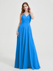 V-neck Bridesmaid Dress with Cross Back Ocean Blue