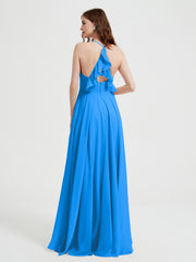 V-neck Bridesmaid Dress with Cross Back Ocean Blue