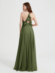 V-neck Bridesmaid Dress with Cross Back Olive Green