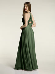 V-neck Bridesmaid Dress with Cross Back Olive Green