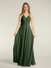 V-neck Bridesmaid Dress with Cross Back Olive Green