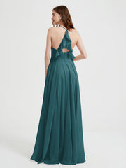 V-neck Bridesmaid Dress with Cross Back Peacock