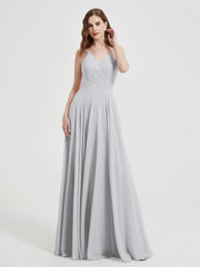 V-neck Bridesmaid Dress with Cross Back Silver