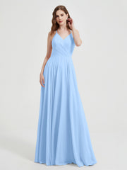 V-neck Bridesmaid Dress with Cross Back Sky Blue