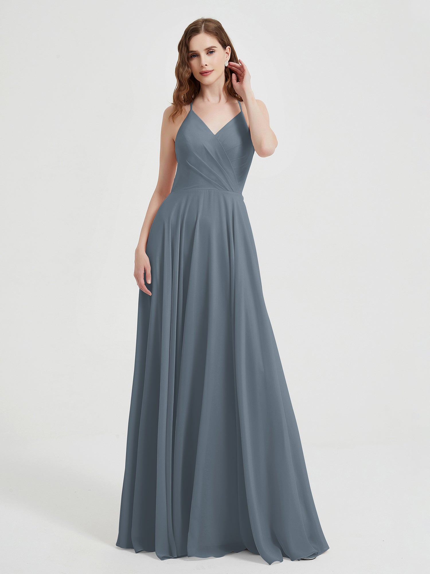 V neck Bridesmaid Dress with Cross Back Slate Blue BABARONI BABARONI UK