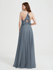 V-neck Bridesmaid Dress with Cross Back Slate Blue