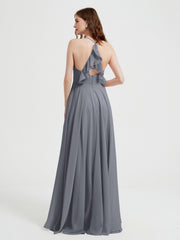 V-neck Bridesmaid Dress with Cross Back Steel Grey