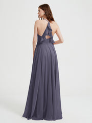 V-neck Bridesmaid Dress with Cross Back Stormy