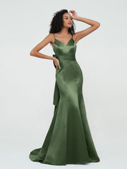 Mermaid Satin Dresses with Brush Train Olive Green