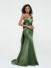 Mermaid Satin Dresses with Brush Train Olive Green