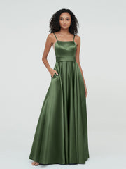 Spaghetti Straps A-line Satin Max Dresses Olive Green