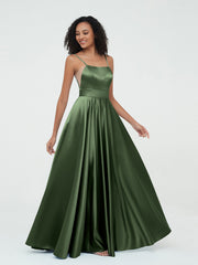 Spaghetti Straps A-line Satin Max Dresses Olive Green