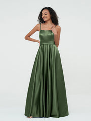 Spaghetti Straps A-line Satin Max Dresses Olive Green