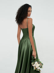 Spaghetti Straps A-line Satin Max Dresses Olive Green