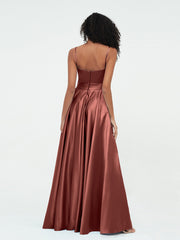 Spaghetti Straps A-line Satin Max Dresses Terracotta