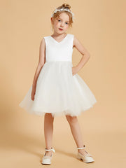 V-Neck Tulle Flower Girl Dresses with Bowknot