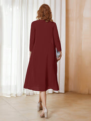 A-Line Long Sleeves Chiffon Dress With Jacket Burgundy