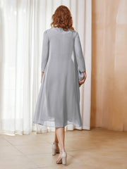 A-Line Long Sleeves Chiffon Dress With Jacket Silver Plue Size