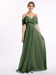 Full-length Spaghetti Strap Off Shoulder Chiffon Gown Olive Green