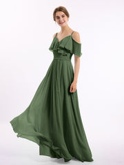 Full-length Spaghetti Strap Off Shoulder Chiffon Gown Olive Green
