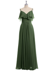 Full-length Spaghetti Strap Off Shoulder Chiffon Gown Olive Green