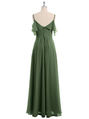 Full-length Spaghetti Strap Off Shoulder Chiffon Gown Olive Green