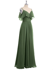 Full-length Spaghetti Strap Off Shoulder Chiffon Gown Olive Green