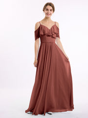 Full-length Spaghetti Strap Off Shoulder Chiffon Gown Terracotta