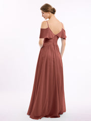 Full-length Spaghetti Strap Off Shoulder Chiffon Gown Terracotta