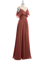 Full-length Spaghetti Strap Off Shoulder Chiffon Gown Terracotta