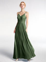 V-neck Chiffon Simple Dress with Spaghetti Straps Olive Green