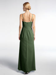 V-neck Chiffon Simple Dress with Spaghetti Straps Olive Green