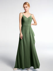V-neck Chiffon Simple Dress with Spaghetti Straps Olive Green