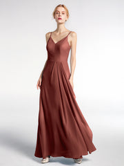 V-neck Chiffon Simple Dress with Spaghetti Straps Terracotta