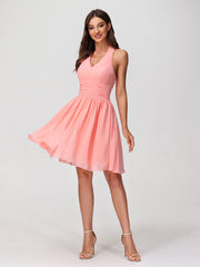 Halter Short Chiffron Dresses with V neck Flamingo