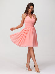 Halter Short Chiffron Dresses with V neck Flamingo