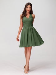 Halter Short Chiffron Dresses with V neck Olive Green