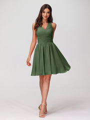 Halter Short Chiffron Dresses with V neck Olive Green
