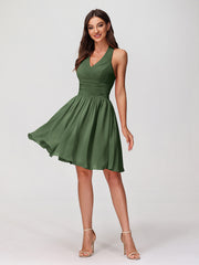 Halter Short Chiffron Dresses with V neck Olive Green