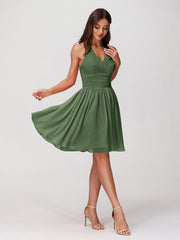 Halter Short Chiffron Dresses with V neck Olive Green