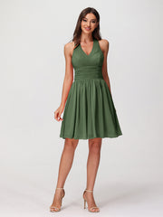 Halter Short Chiffron Dresses with V neck Olive Green